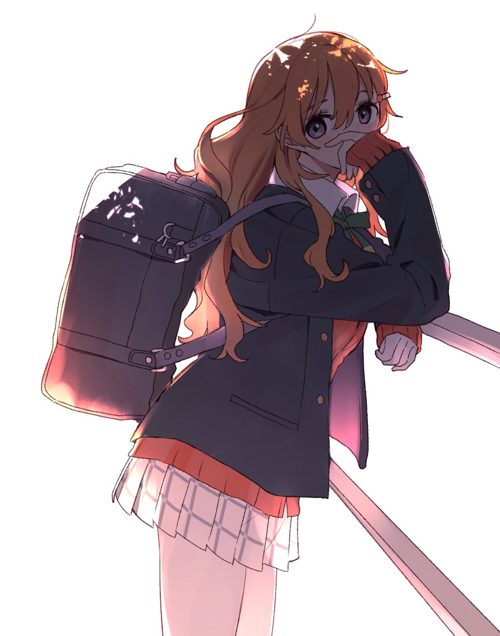 14_(vision5032), 1girl, backlighting, bag, bangs, green_ribbon, hair_between_eyes, highres