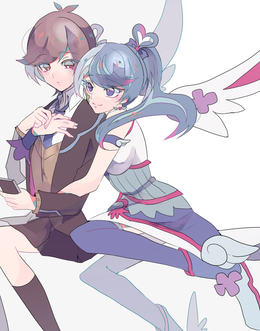 1girl, blue_angel, blue_hair, boots, brown_hair, cellphone, clover, eyebrows_visible_through_hair