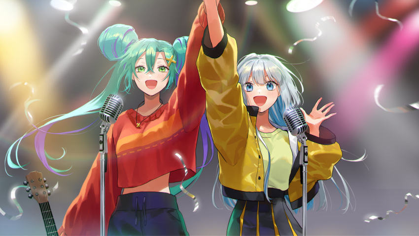 2girls, absurdres, alternate_costume, bangs, black_skirt, blue_eyes, breasts, commission, double_bun, drawstring, english_commentary, floating_hair, green_eyes, green_hair, guitar, hair_between_eyes, hair_ornament, hairclip, hand_up, highres, holding, holding_instrument, indie_virtual_youtuber, instrument, jacket, jewelry, long_hair, looking_at_viewer, medium_breasts, microphone, microphone_stand, multiple_girls, necklace, open_hand, open_mouth, pleated_skirt, pote-mm, saki.exe, second-party_source, shinoda_kana, skeb_commission, skirt, twintails, virtual_youtuber, white_hair, yellow_jacket