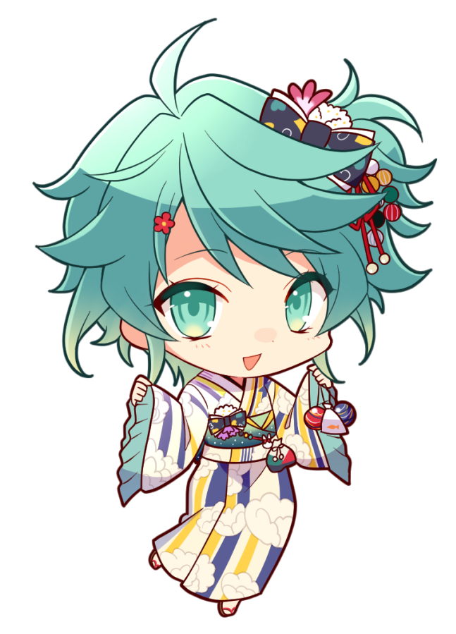 1boy, :d, ahoge, bow, chibi, eyebrows_visible_through_hair, floral_print, flower