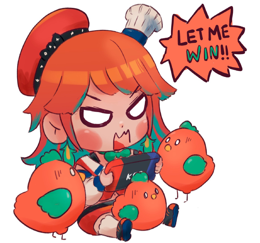 1girl, angry, bangs, bird, blush, chef_hat, chibi, chicken