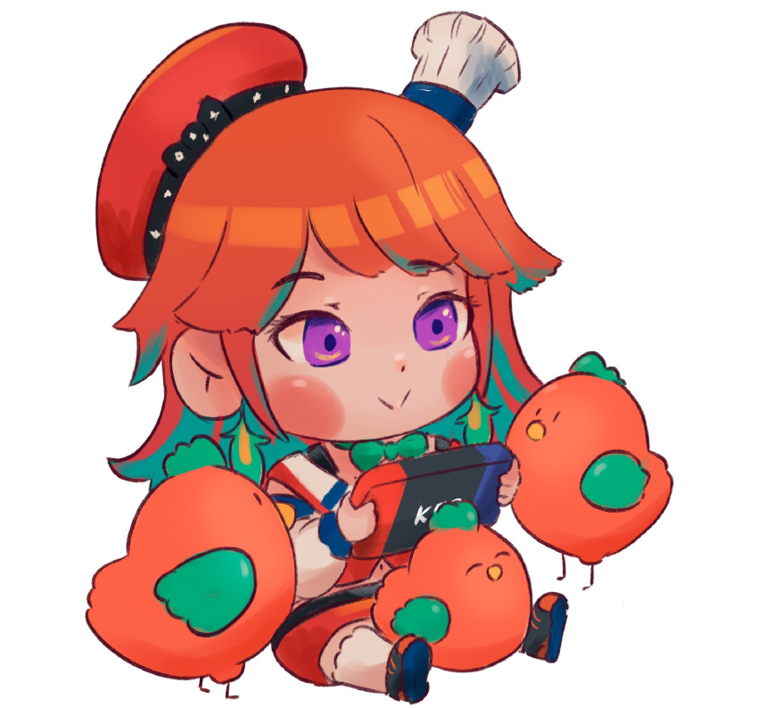 1girl, bangs, bird, blush, chef_hat, chibi, chicken, dakuma, detached_sleeves, earrings, english_commentary, eyebrows_visible_through_hair, feather_earrings, feathers, gradient_hair, green_hair, handheld_game_console, hat, highres, holding, holding_handheld_game_console, hololive, hololive_english, jewelry, multicolored_hair, nintendo_switch, orange_hair, sitting, smile, takanashi_kiara, violet_eyes, virtual_youtuber, white_background