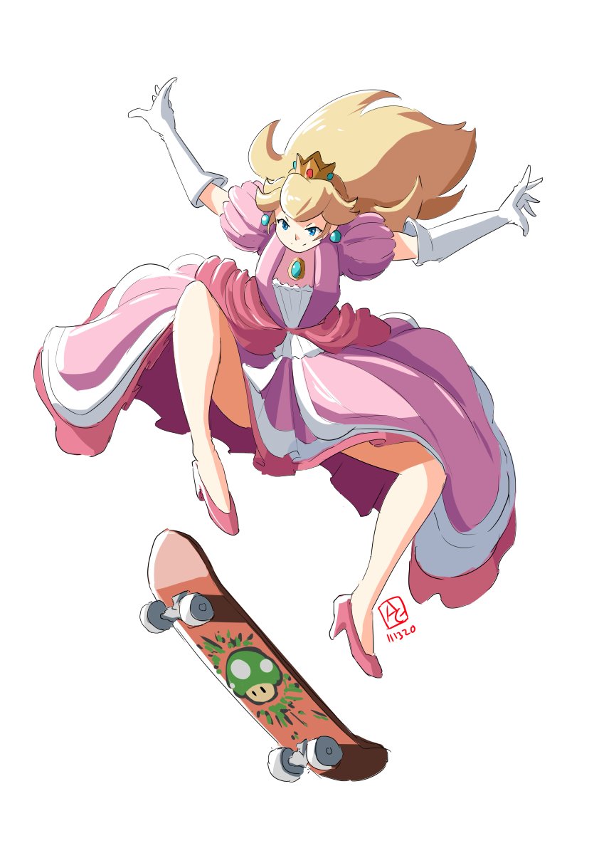 1-up_mushroom, 1girl, automatic_giraffe, blonde_hair, blue_eyes, breasts, commission, crown, dated, dress, elbow_gloves, english_commentary, floating_hair, gloves, kickflip, looking_down, super_mario_bros., medium_breasts, open_hands, pink_dress, pink_footwear, princess, princess_peach, skateboarding, solo, v-shaped_eyebrows, white_background, white_gloves