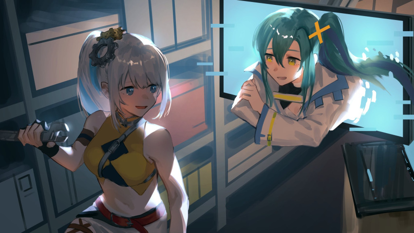 2girls, bangs, blue_eyes, breasts, commission, crossed_arms, english_commentary, eyebrows_behind_hair, gear_hair_ornament, glitch, green_eyes, hair_ornament, highres, holding, holding_wrench, indie_virtual_youtuber, isida_segu, jacket, long_hair, looking_at_another, looking_back, medium_breasts, midriff, multiple_girls, navel, open_mouth, saki.exe, screen, second-party_source, shinoda_kana, side_ponytail, skeb_commission, tied_hair, white_jacket, wrench, x_hair_ornament