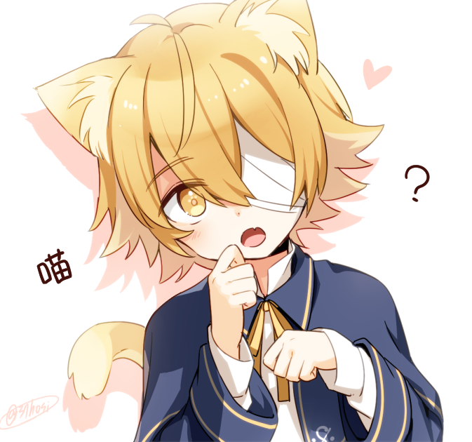 1boy, ?, animal_ears, bandage_over_one_eye, blonde_hair, blue_capelet, blue_jacket, capelet
