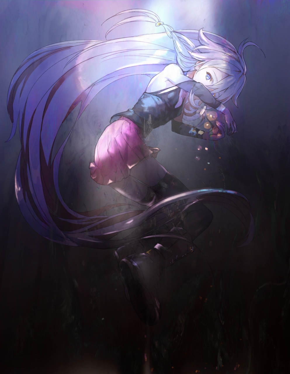 1girl, andedalive, black_background, black_legwear, black_shirt, blue_eyes, commentary, from_side