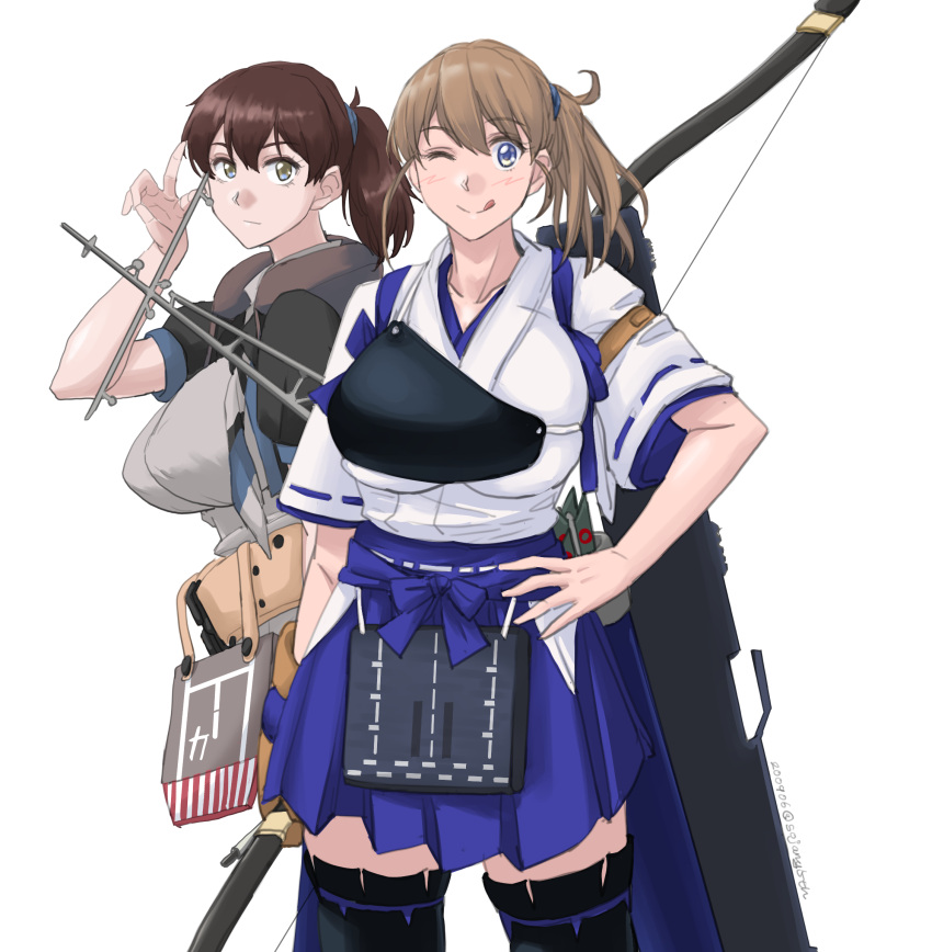 2girls, alternate_costume, alternate_hairstyle, black_legwear, black_shirt, blue_eyes, blue_hakama, bow_(weapon)