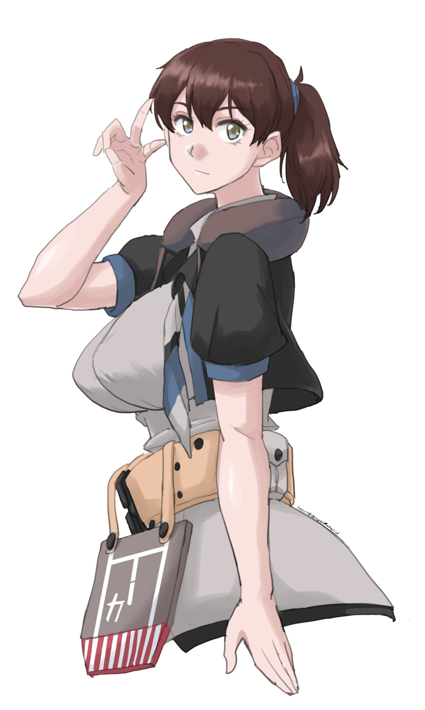 1girl, absurdres, alternate_costume, alternate_hairstyle, black_shirt, breasts, brown_hair, cosplay