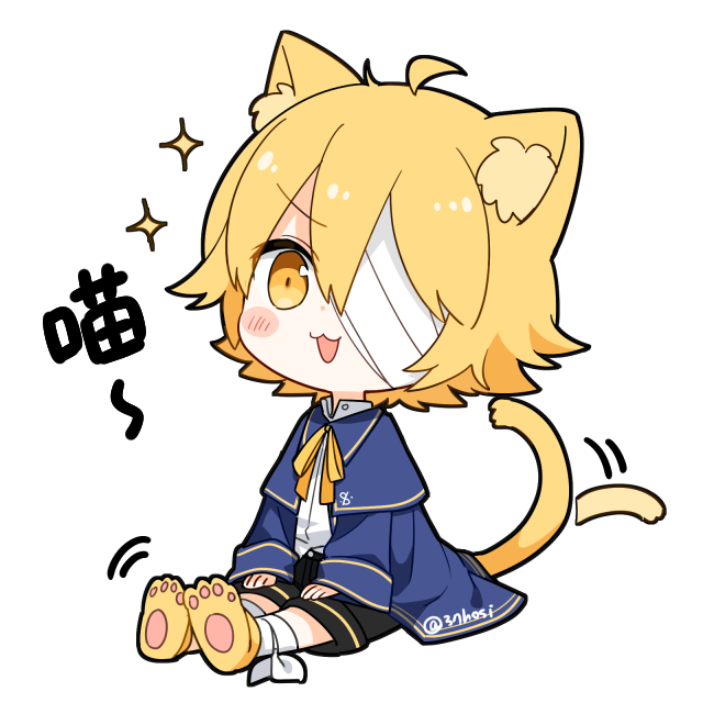 1boy, animal_ears, bandage_over_one_eye, bandaged_leg, bandages, black_shorts, blonde_hair, blue_capelet