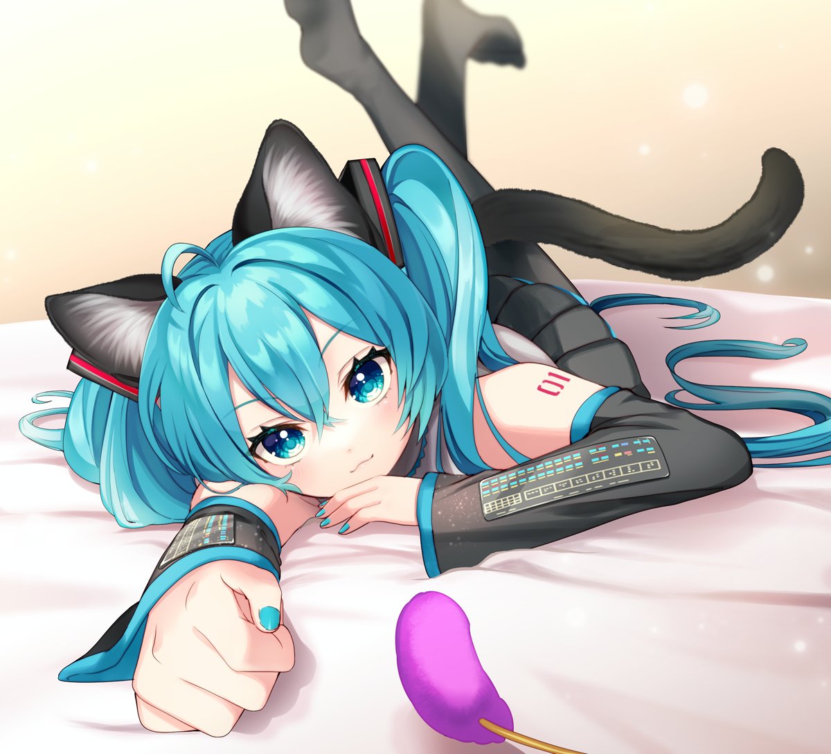 1girl, :3, animal_ears, aqua_eyes, aqua_hair, aqua_nails, bare_shoulders, black_legwear