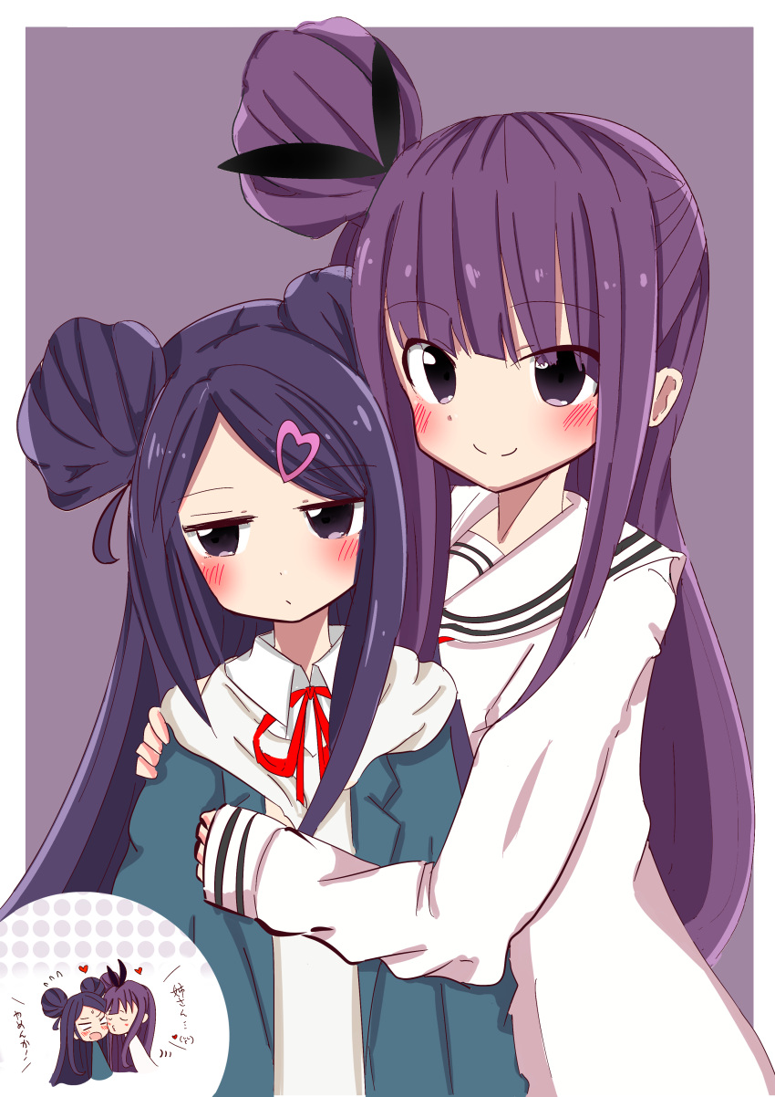 2girls, absurdres, bangs, blush, border, bow, commentary, hair_bow