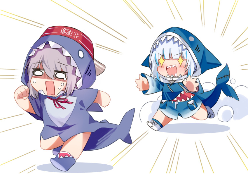 2girls, absurdres, alternate_costume, animal_costume, animal_hood, bangs, blue_hair, blue_hoodie