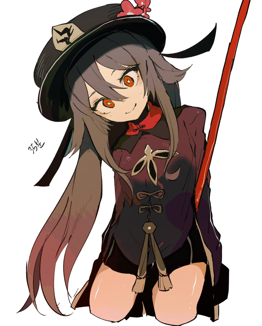 1girl, brown_hair, closed_mouth, cropped_legs, ddari, flower, genshin_impact, hat