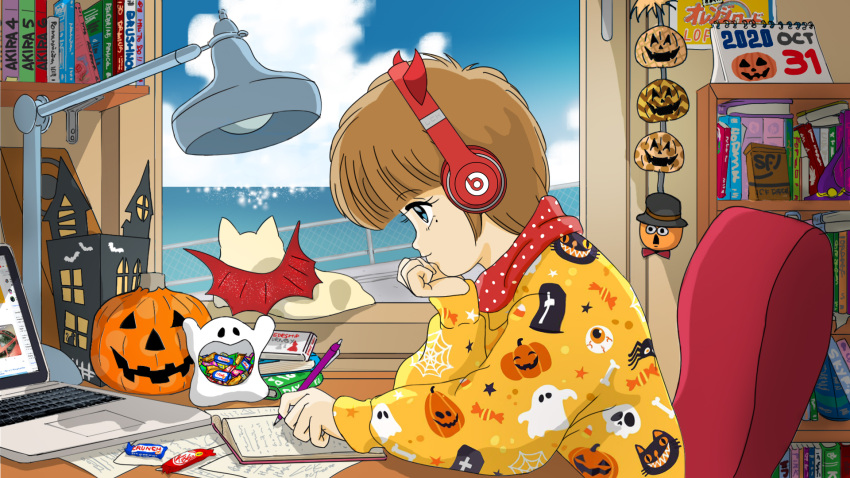 1girl, 2020, akira, beats_by_dr._dre, blue_eyes, book, bookshelf, brown_hair