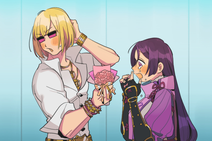 1boy, 1girl, arm_guards, armor, bangs, black_gloves, blonde_hair, bodysuit, bouquet, breasts, fate/grand_order, fate_(series), fingerless_gloves, flower, gloves, japanese_armor, large_breasts, long_hair, low-tied_long_hair, minamoto_no_raikou_(fate/grand_order), oneroom-disco, parted_bangs, purple_bodysuit, purple_hair, ribbed_sleeves, rope, sakata_kintoki_(fate/grand_order), smile, sunglasses, tabard, very_long_hair, violet_eyes