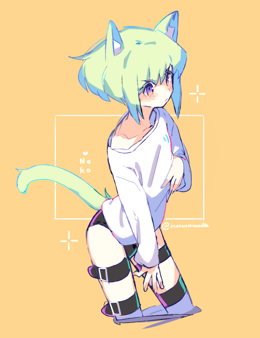 1boy, absurdres, androgynous, animal_ears, black_panties, blush, cat_boy, cat_ears, cat_tail, closed_mouth, collarbone, green_hair, highres, instanttnoodle, lio_fotia, long_sleeves, male_focus, orange_background, panties, promare, shirt, short_hair, sidelocks, solo, tail, thigh_strap, twitter_username, underwear, violet_eyes, white_shirt
