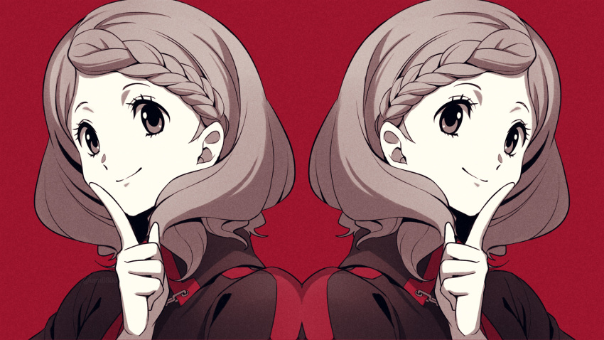 2girls, black_shirt, blood-c, braid, brown_eyes, brown_hair, chain, clamp