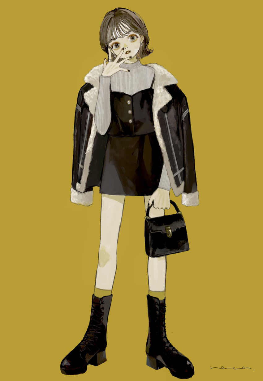 1girl, arm_at_side, autumn, bag, bangs, black_dress, black_footwear, black_nails