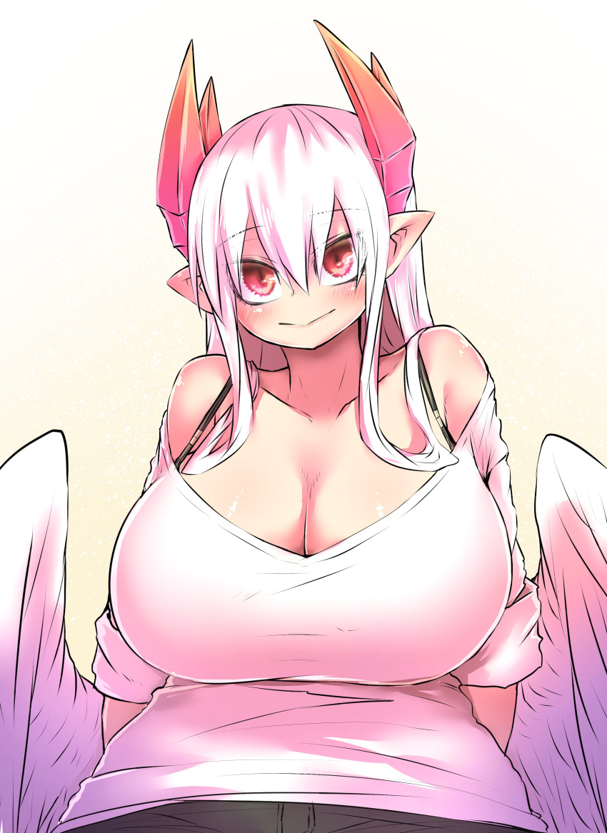 1girl, absurdres, black_bra, blush, bra, bra_strap, breasts, demon_horns, denim, denim_shorts, feathered_wings, highres, horns, huge_breasts, juugoya_(zyugoya), looking_at_viewer, lorem_(mazohaha), mature, musuko_ga_kawaikute_shikatanai_mazoku_no_hahaoya, pointy_ears, red_eyes, red_horns, shirt, shorts, sitting, sleeves, sleeves_rolled_up, smile, underwear, white_hair, white_shirt, white_skin, white_wings, wings, yellow_background