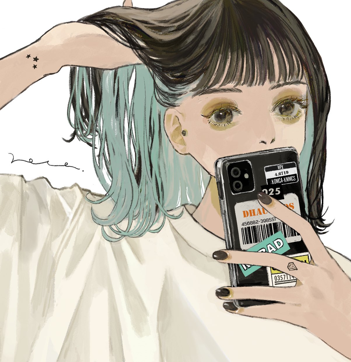 1girl, adjusting_hair, aqua_hair, bangs, barcode, black_eyes, black_hair, black_nails