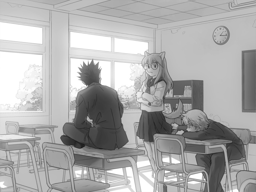 1girl, 2boys, alternate_costume, animal_ears, black_hair, cheadle_yorkshire, classroom, dog_ears