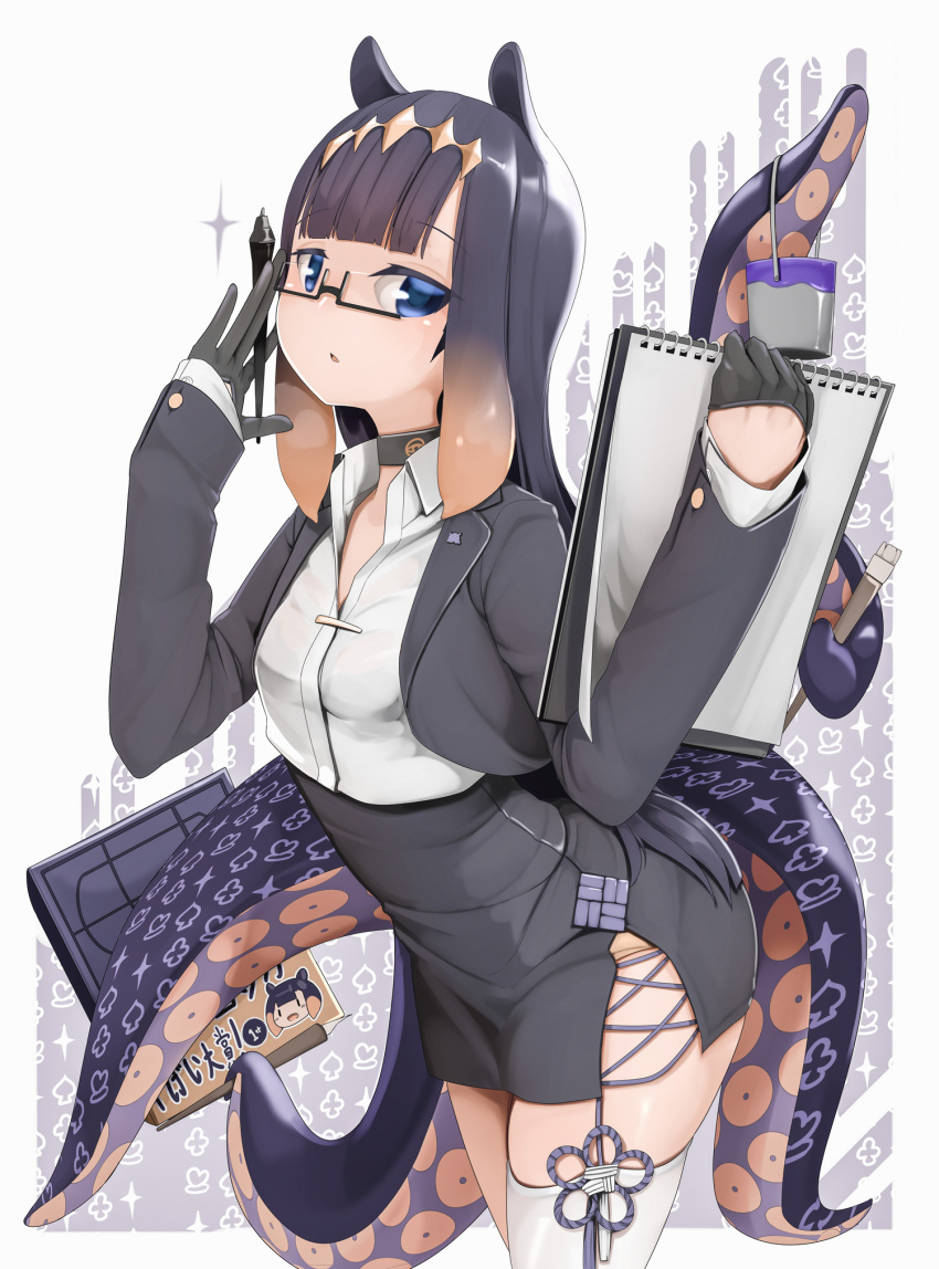1girl, adjusting_eyewear, alternate_costume, ao-chan_(ninomae_ina'nis), black-framed_eyewear, black_gloves, blue_eyes, bucket
