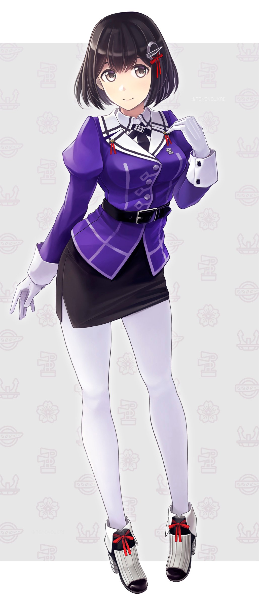 1girl, absurdres, belt, black_hair, black_neckwear, black_skirt, breasts, brown_eyes