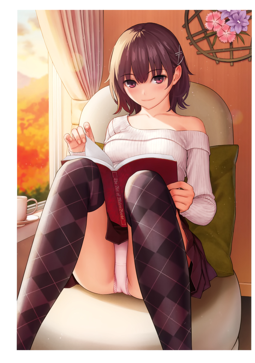 1girl, absurdres, argyle, argyle_legwear, bangs, blush, book, breasts