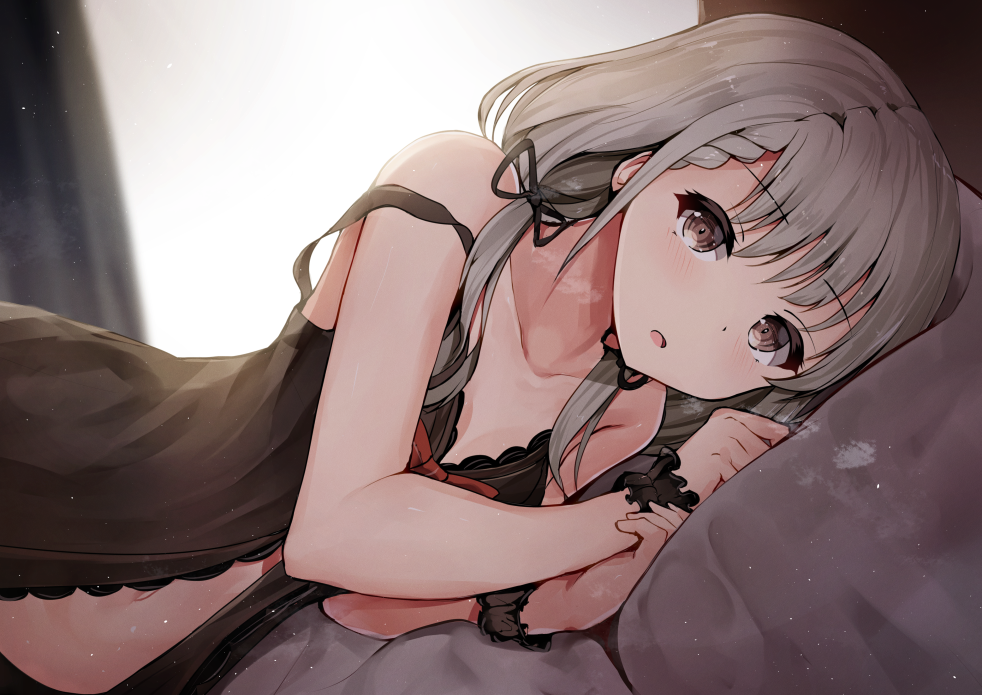 1girl, babydoll, bangs, black_panties, black_ribbon, braid, braided_bangs, brown_eyes