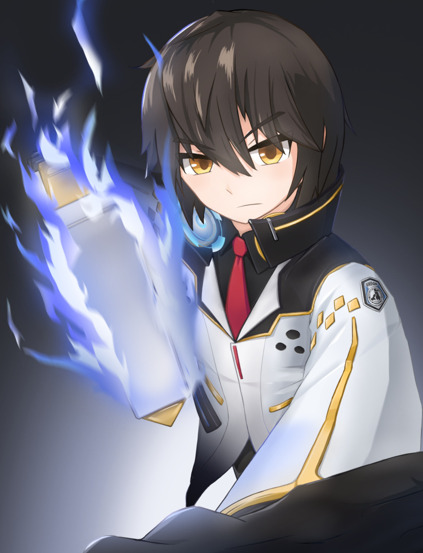 1girl, bangs, black_background, black_gloves, black_hair, black_shirt, blue_fire, brown_eyes