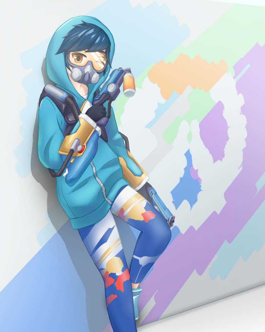 1girl, bangs, black_gloves, blue_footwear, blue_hair, blue_jacket, blue_pants, brown_eyes