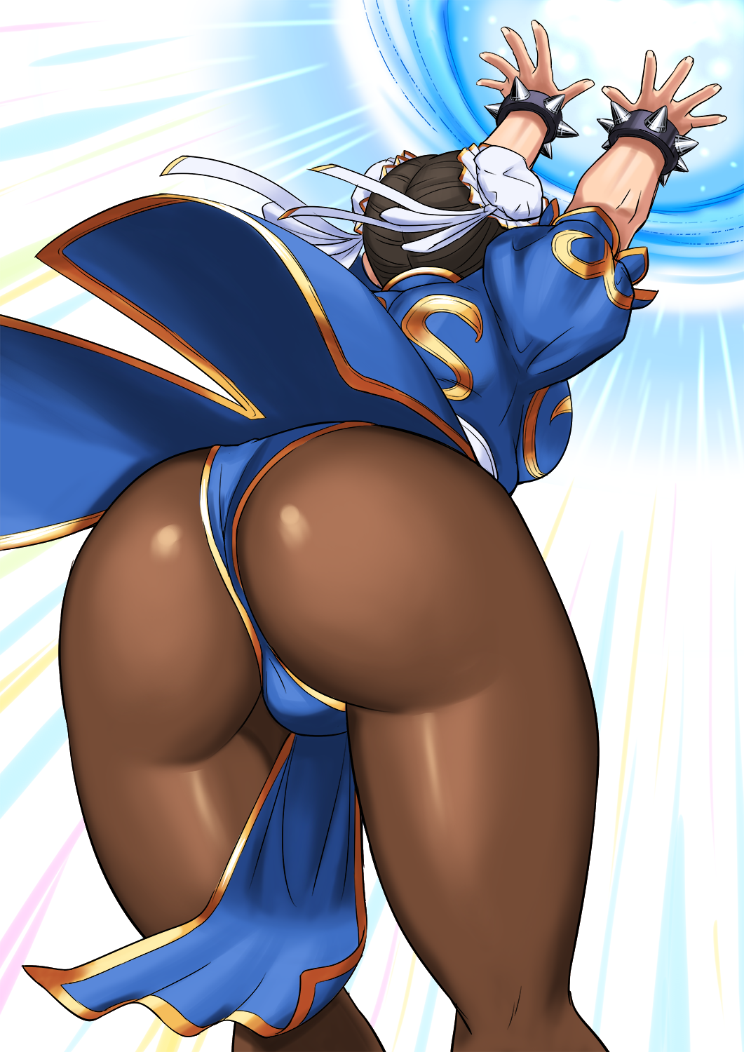 1girl, ass, bracelet, breasts, brown_hair, brown_legwear, china_dress, chinese_clothes, chun-li, commentary_request, double_bun, dress, dutch_angle, fingernails, from_behind, hair_ornament, highres, jewelry, kikouken, medium_breasts, pantyhose, puffy_short_sleeves, puffy_sleeves, shigenobu, shiny, shiny_clothes, short_sleeves, simple_background, solo, spiked_bracelet, spikes, street_fighter, street_fighter_ii_(series), tied_hair, underwear, white_background