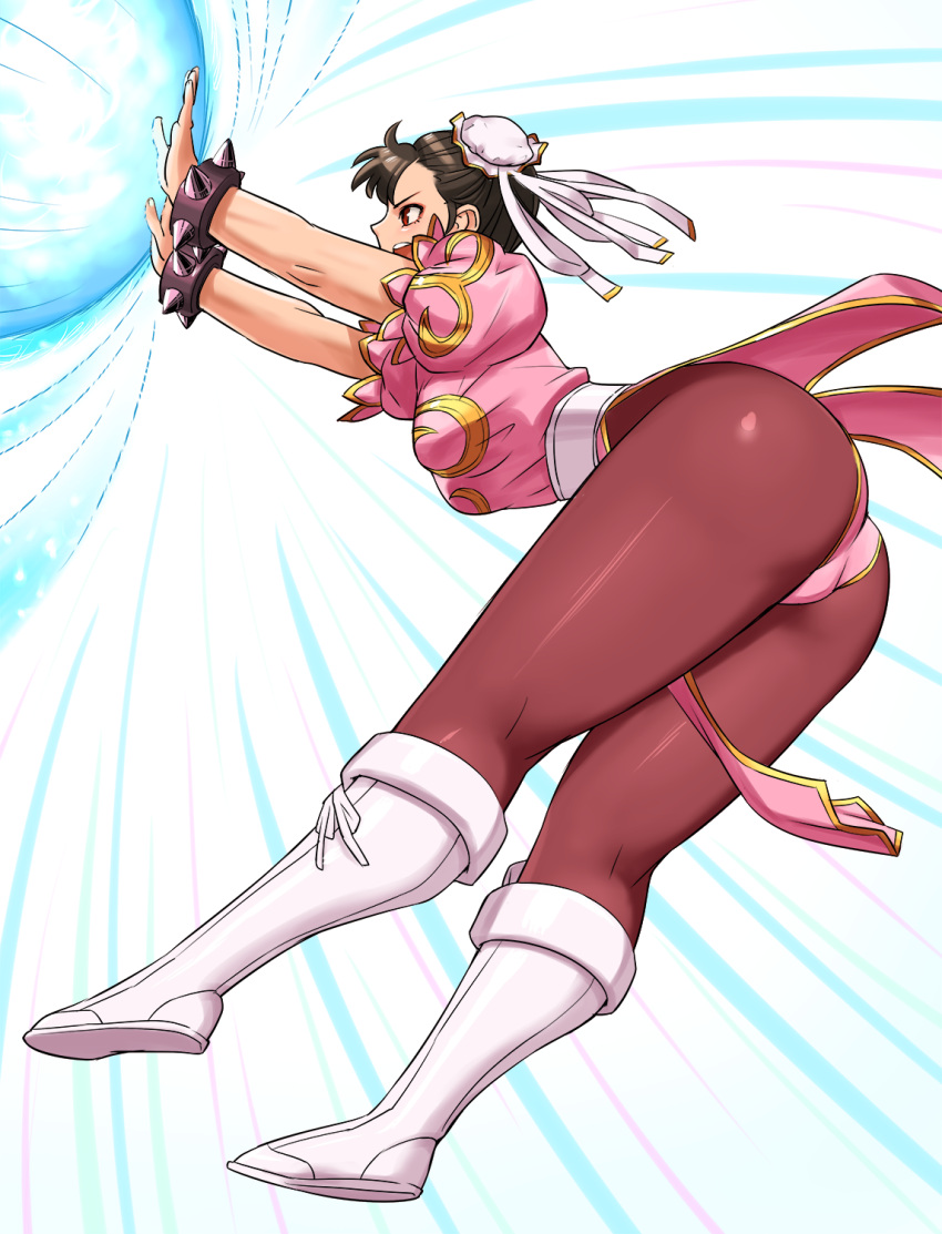 1girl, alternate_color, ass, bangs, boots, bracelet, breasts, brown_hair, china_dress, chinese_clothes, chun-li, commentary_request, double_bun, dress, full_body, hair_ornament, highres, jewelry, kikouken, knee_boots, medium_breasts, open_mouth, pantyhose, puffy_short_sleeves, puffy_sleeves, shigenobu, shiny, shiny_clothes, short_sleeves, simple_background, solo, spiked_bracelet, spikes, street_fighter, street_fighter_ii_(series), tied_hair, white_background, white_footwear