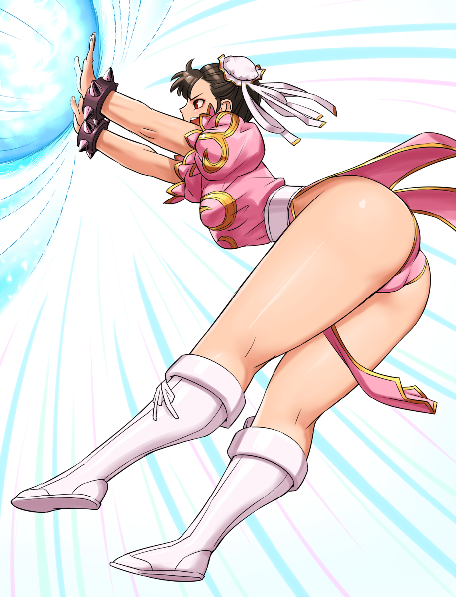 1girl, alternate_color, ass, boots, bracelet, breasts, brown_hair, china_dress