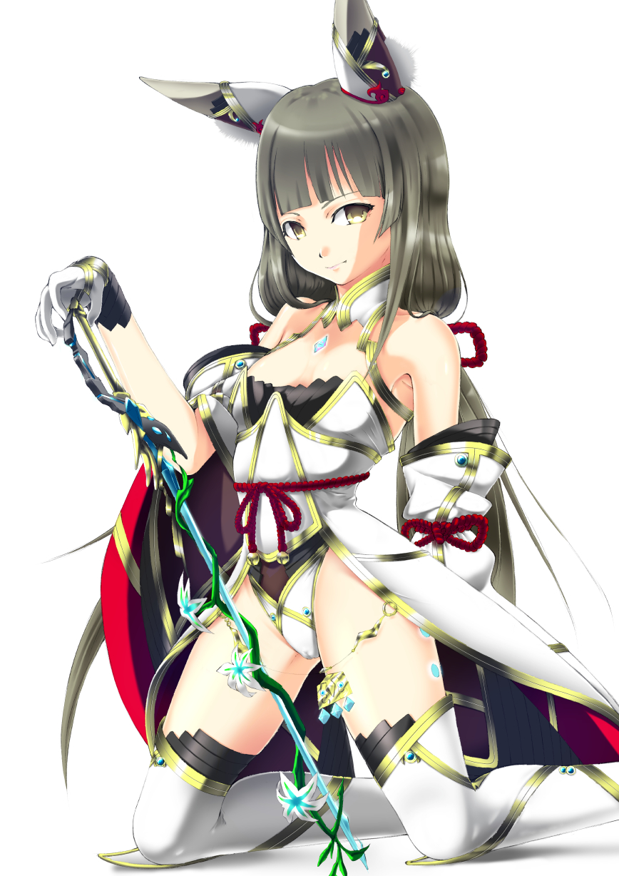 1girl, animal_ears, bangs, blunt_bangs, breasts, catalyst_scimitar, chest_jewel, detached_sleeves, feet_out_of_frame, gloves, highleg, highleg_leotard, highres, leotard, long_hair, looking_at_viewer, low_twintails, magicalbroom, nia_(blade)_(xenoblade), nia_(xenoblade), silver_hair, simple_background, small_breasts, solo, sword, thigh-highs, twintails, very_long_hair, weapon, white_background, white_gloves, xenoblade_chronicles_(series), xenoblade_chronicles_2, yellow_eyes