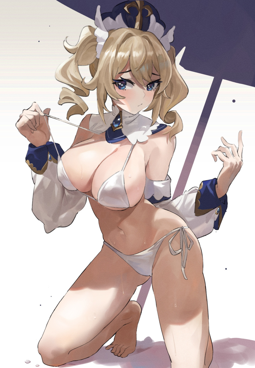 1girl, ass_visible_through_thighs, bangs, barbara_(genshin_impact), bare_shoulders, barefoot, beach_umbrella, bikini