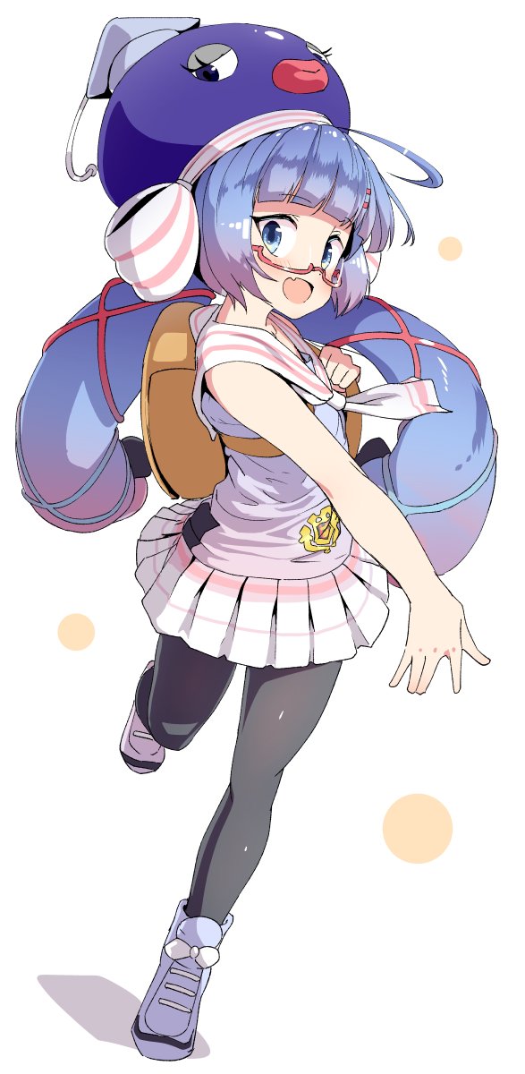 1girl, ahoge, backpack, bag, bangs, black_legwear, blue_eyes, blue_footwear