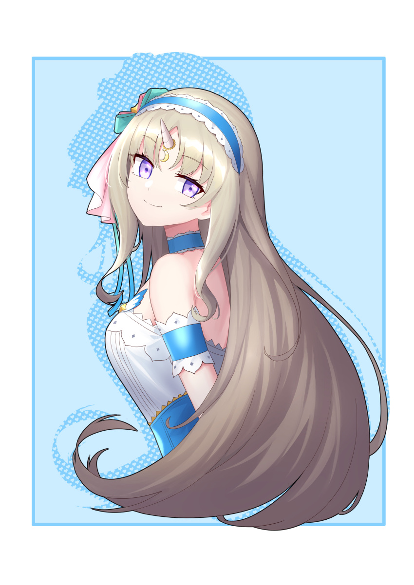1girl, absurdres, armband, bangs, blonde_hair, blue_background, blue_headband, bow