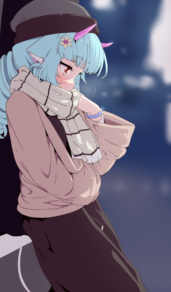 1girl, animal_ear_fluff, animal_ears, aqua_hair, bangs, beanie, blunt_bangs, blurry