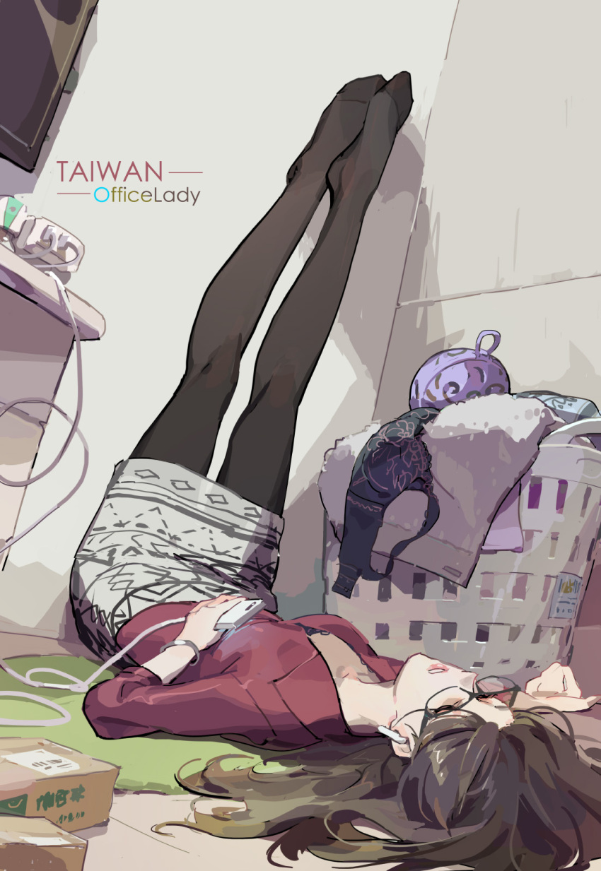 1girl, airpods, black_hair, black_legwear, bra, breasts, cellphone, closed_eyes, glasses, headphones, highres, holding, holding_phone, legs_up, lipstick, long_hair, lying, makeup, no_shoes, office_lady, on_back, original, pantyhose, parted_lips, phone, red_lipstick, tennohi, underwear