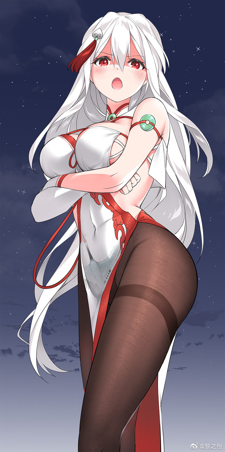 1girl, arm_ribbon, arms_under_breasts, blush, breast_hold, breasts, brown_legwear, character_request