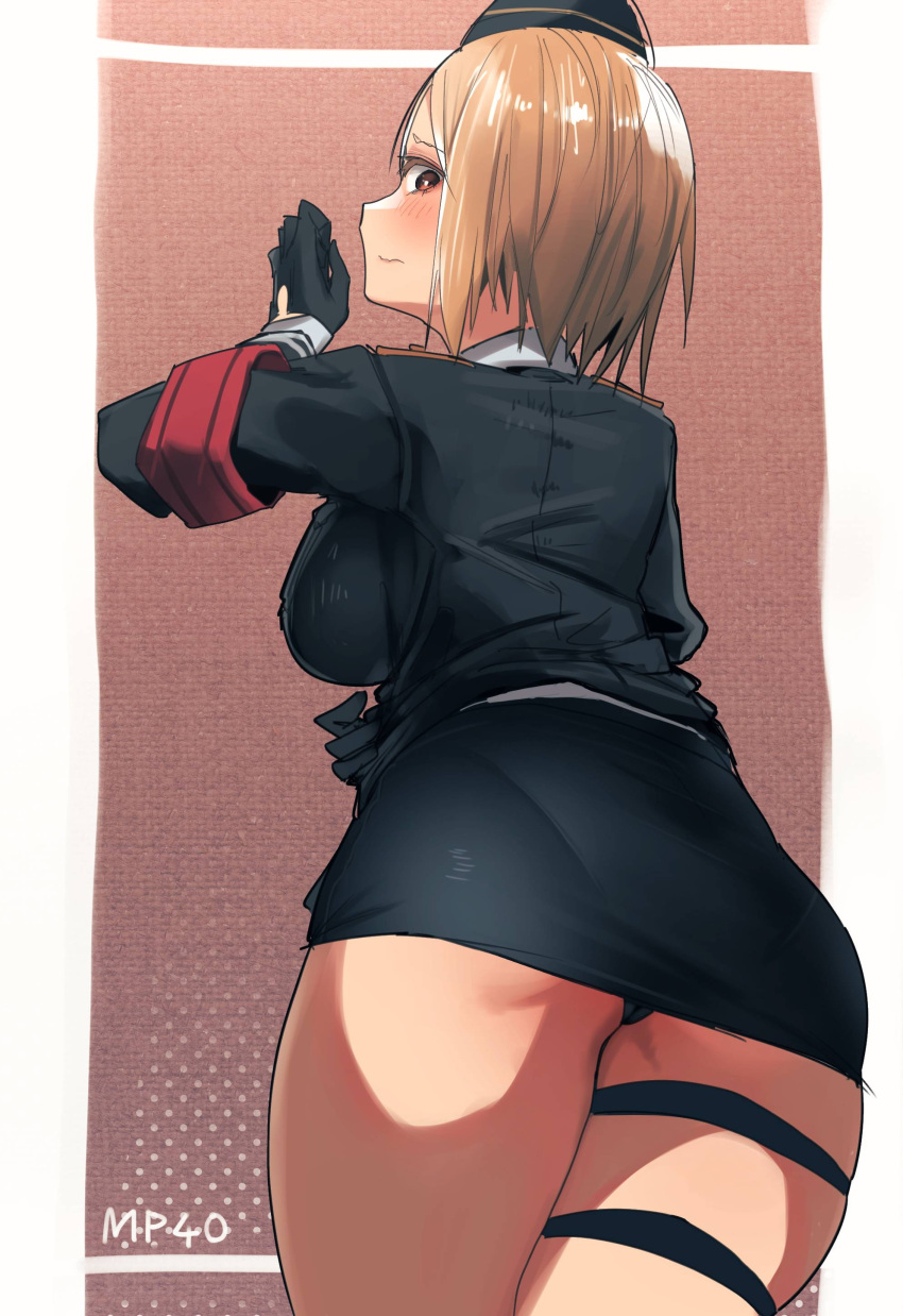 1girl, absurdres, akitaka_takaaki, armband, ass, bangs, black_gloves, black_headwear