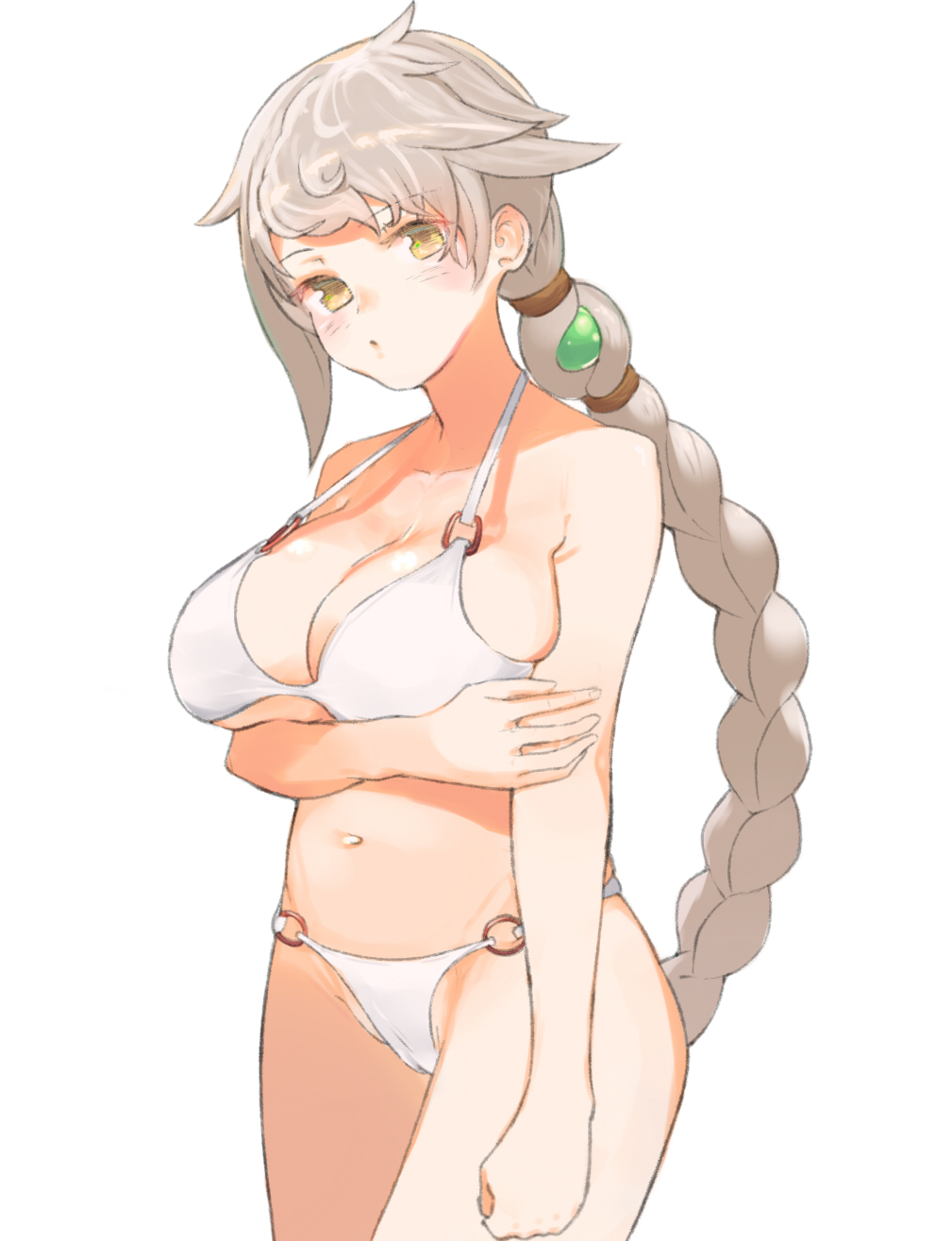 1girl, arm_under_breasts, asymmetrical_bangs, bangs, bikini, blush, braid, breasts