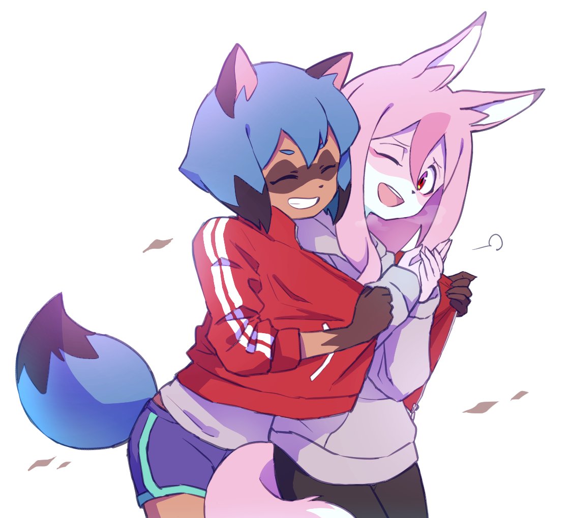 2girls, ^_^, animal_ears, black_hair, blue_hair, blue_shorts, brand_new_animal, clenched_teeth, closed_eyes, fox_ears, fox_girl, fox_tail, furry, grey_jacket, hair_between_eyes, hiwatashi_nazuna, hoyon, hug, hug_from_behind, jacket, kagemori_michiru, long_hair, long_sleeves, multicolored_hair, multiple_girls, one_eye_closed, open_mouth, pink_hair, raccoon_ears, raccoon_girl, raccoon_tail, red_eyes, red_jacket, short_hair, shorts, simple_background, smile, tail, teeth, two-tone_hair, white_background