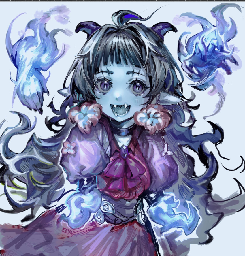 1girl, ahoge, black_choker, black_hair, blue_fire, blue_skin, blush, blush_stickers