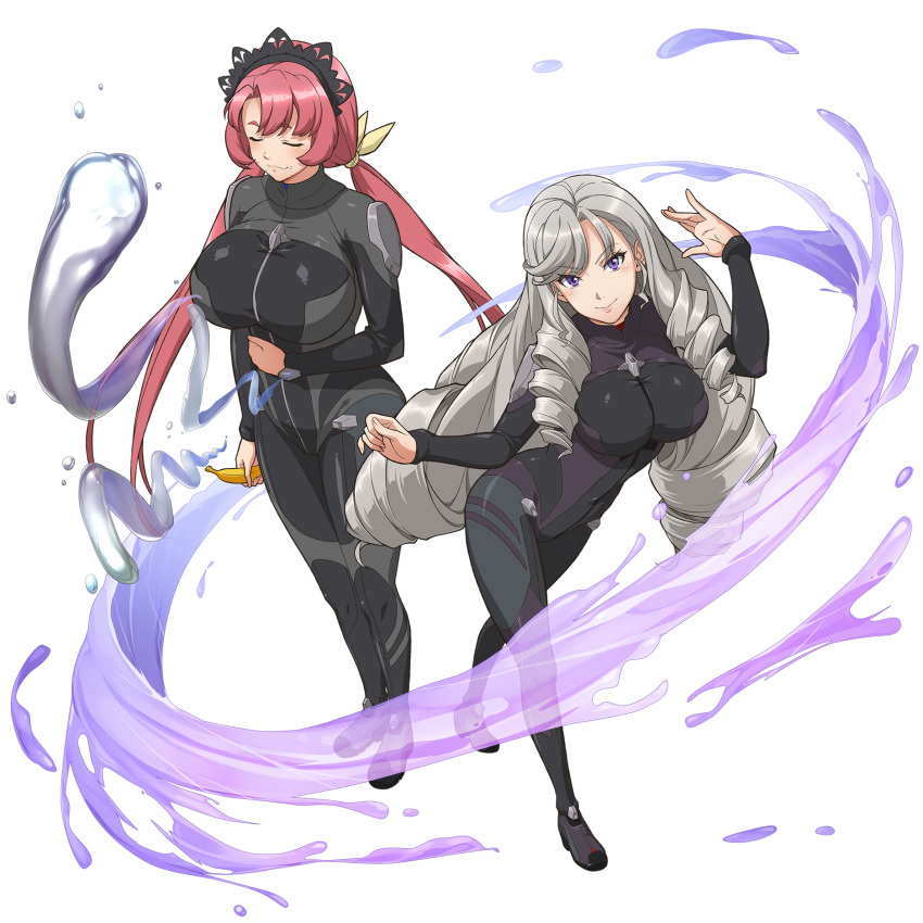 2girls, banana, black_bodysuit, bodysuit, breasts, closed_eyes, drill_hair, eyebrows_visible_through_hair
