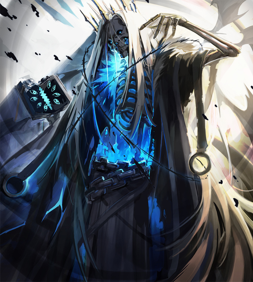 1other, blue_eyes, blue_fire, book, chain, chain_belt, crown, fire
