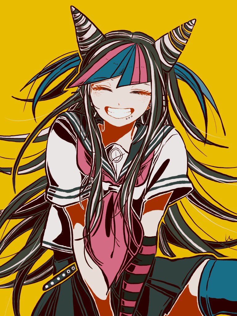 1girl, black_hair, black_skirt, blue_hair, blue_legwear, closed_eyes, commentary, dangan_ronpa, double_bun, eyelashes, grin, kiri_(2htkz), long_hair, looking_at_viewer, mioda_ibuki, multicolored_hair, piercing, pink_hair, pink_neckwear, school_uniform, serafuku, simple_background, skirt, smile, solo, super_dangan_ronpa_2, symbol_commentary, thigh-highs, white_hair, yellow_background, zettai_ryouiki