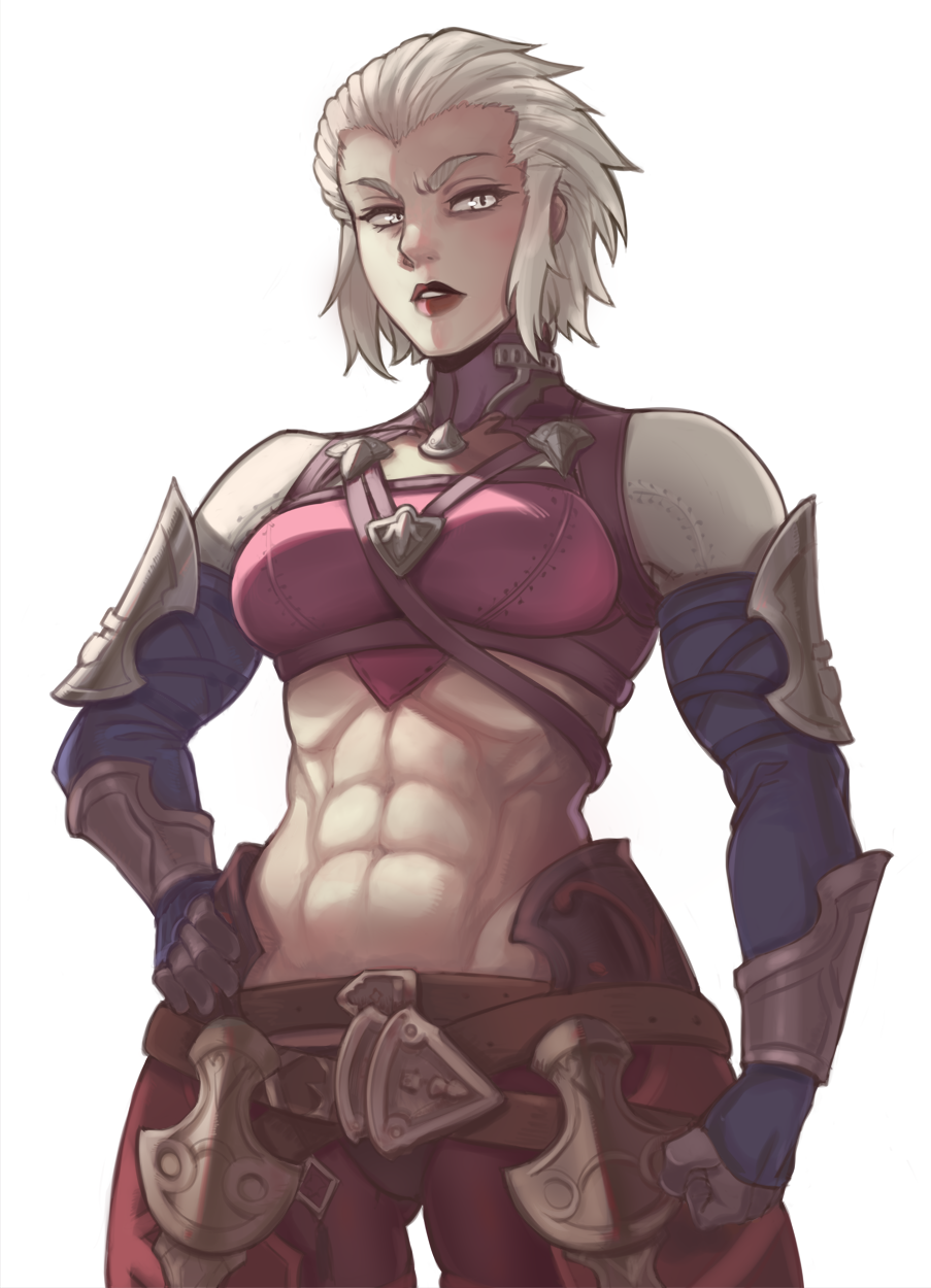 1girl, abs, armor, bloopiest, brown_gloves, clenched_hand, final_fantasy, final_fantasy_xiv