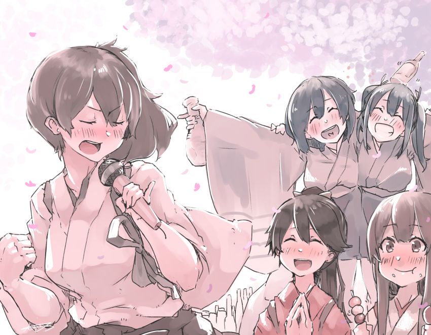 5girls, akagi_(kantai_collection), blue_hair, blush, bottle, bottle_on_head, brown_eyes, brown_hair